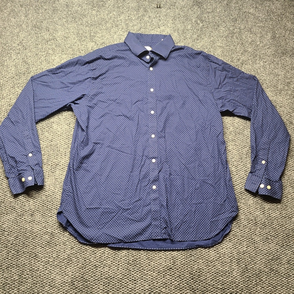 Michael Kors Mens XL Slim Fit Stretch Shirt Navy Blue Diamond Polka Dot Long Slv